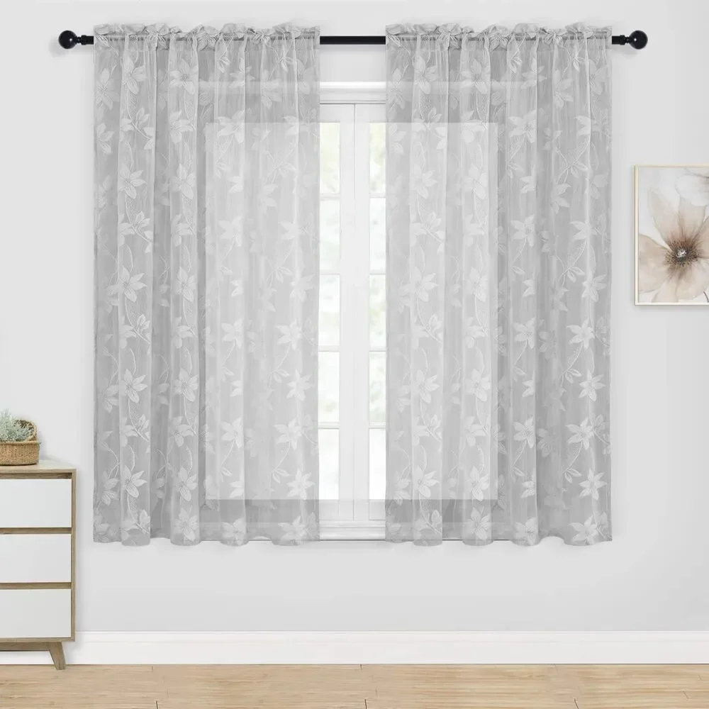 Set of 2 Curtain Panels, 52 x 45 inch Length, Lace Sheer Curtains (Grey Floral)